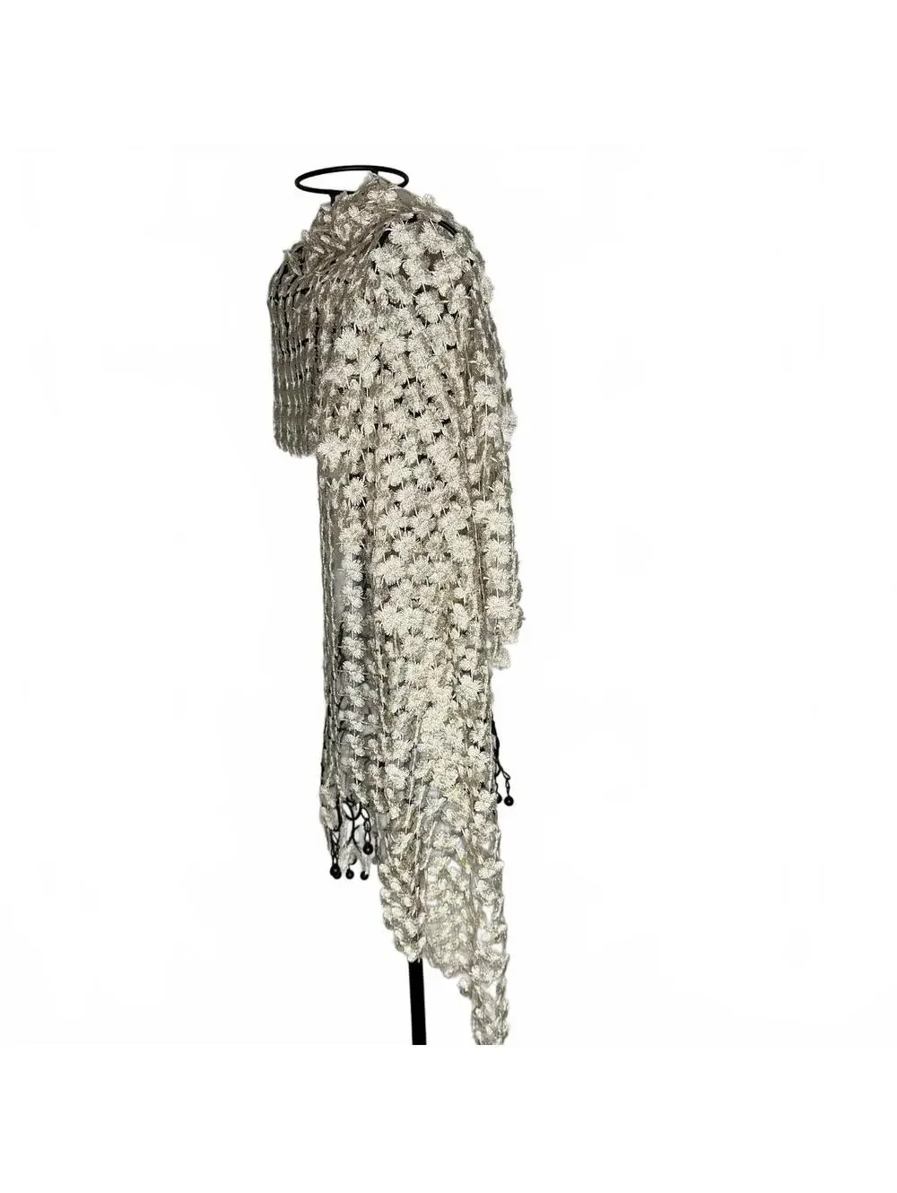 Vintage Ivory Floral Crochet Lace Shawl Scarf Wrap Boho Cottagecore Romantic